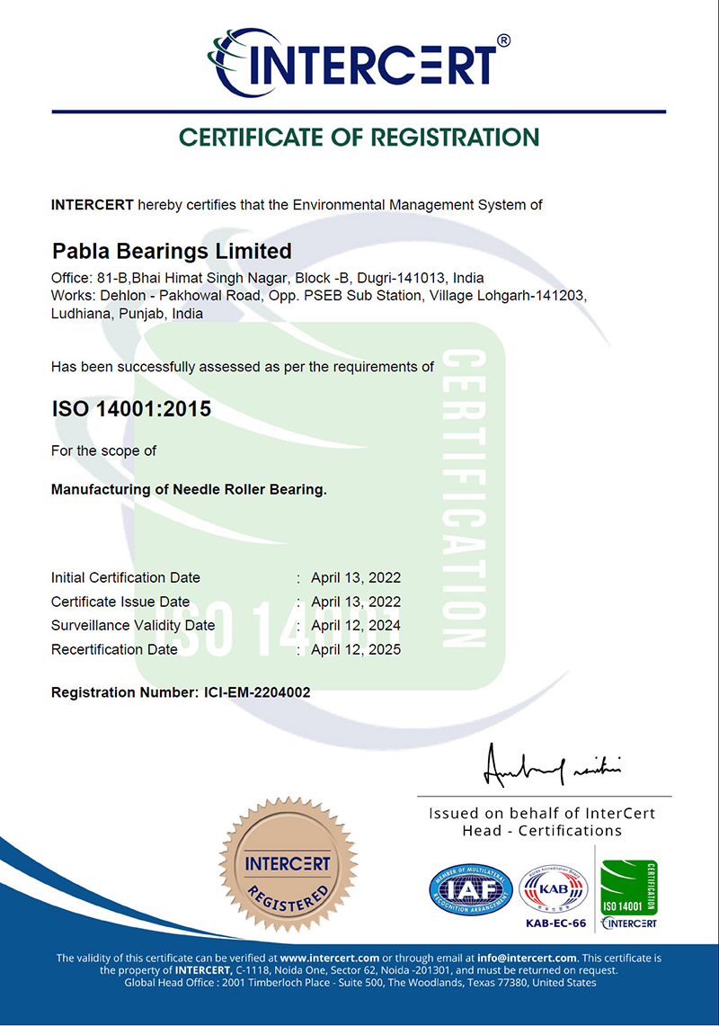 iso 14001:2015 quality certification pabla bearings limited India Needle roller bearings manufacturers exporters in India