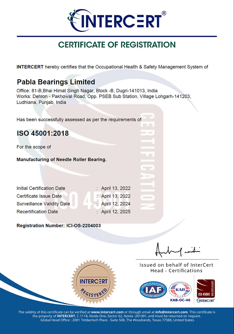 iso 45001:2018 quality certification pabla bearings limited India Needle roller bearings manufacturers exporters in India