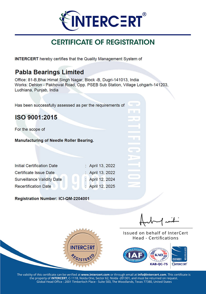 iso 9001:2015 quality certification pabla bearings limited India Needle roller bearings manufacturers exporters in India