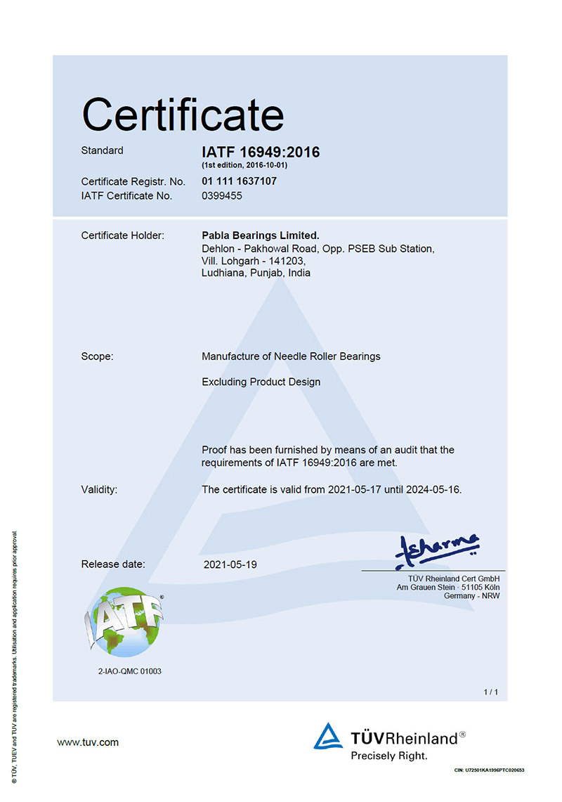 IATF 16949:2016 quality certification pabla bearings limited India Needle roller bearings manufacturers exporters in India